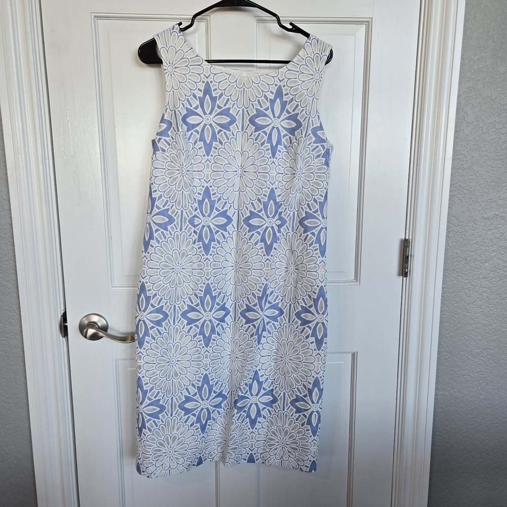 TALBOTS Women Blue & White Cut Away Lace Floral Embroidered Sheath Dress‎ Sz 10